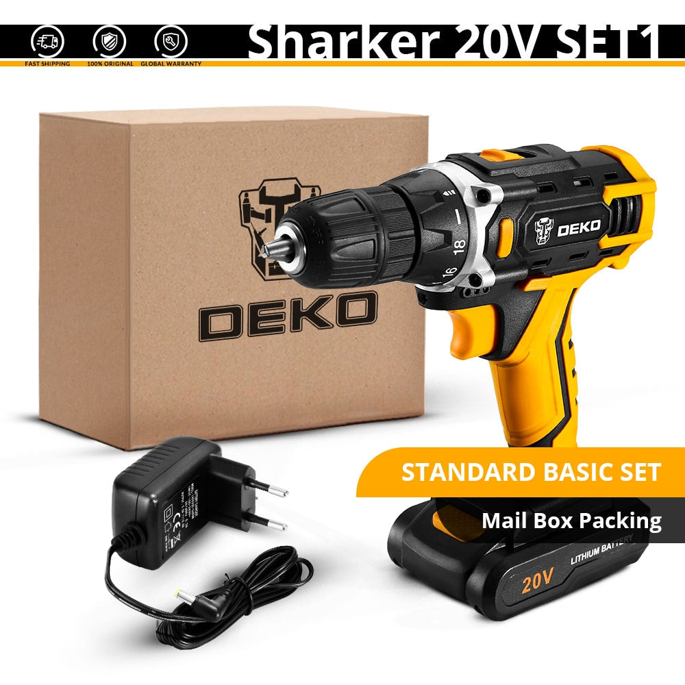 DEKO New Sharker 20V Cordless Drill Electric Screwdriver Mini Wireless Power Driver DC Lithium-Ion Battery 3/8-Inch 2 Speed