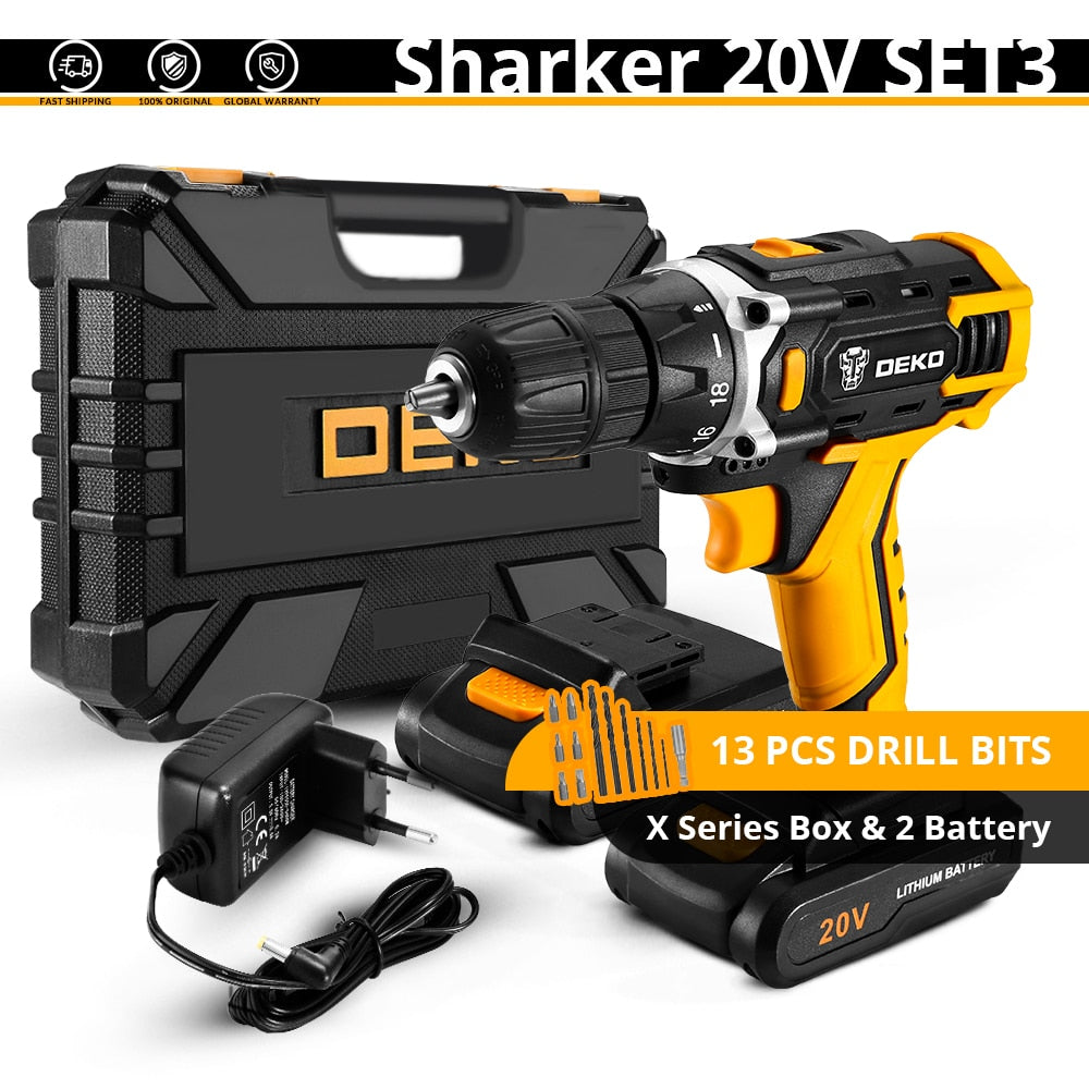 DEKO New Sharker 20V Cordless Drill Electric Screwdriver Mini Wireless Power Driver DC Lithium-Ion Battery 3/8-Inch 2 Speed