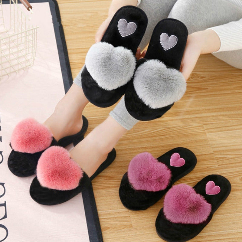 Cute Women Slippers Love Heart Cotton Slippers Winter Fur Slides Ladies Home Furry Slippers Warm Indoor House Shoes