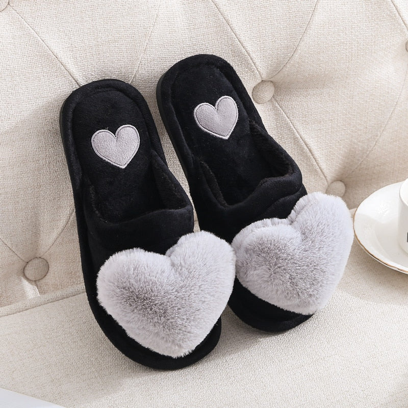 Cute Women Slippers Love Heart Cotton Slippers Winter Fur Slides Ladies Home Furry Slippers Warm Indoor House Shoes