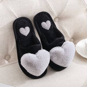 Cute Women Slippers Love Heart Cotton Slippers Winter Fur Slides Ladies Home Furry Slippers Warm Indoor House Shoes