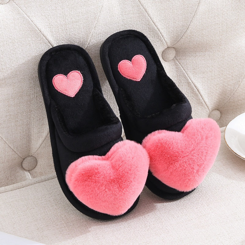 Cute Women Slippers Love Heart Cotton Slippers Winter Fur Slides Ladies Home Furry Slippers Warm Indoor House Shoes