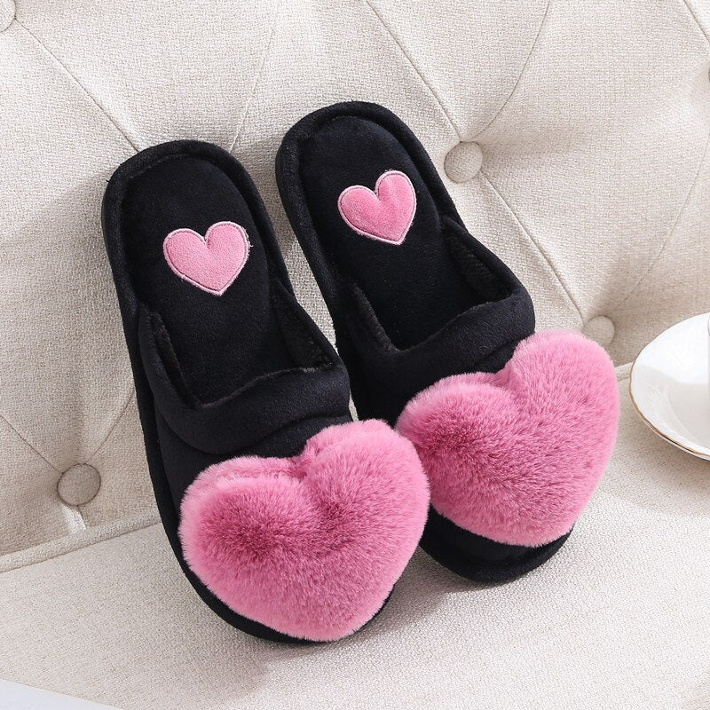 Cute Women Slippers Love Heart Cotton Slippers Winter Fur Slides Ladies Home Furry Slippers Warm Indoor House Shoes