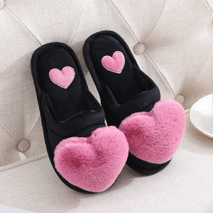 Cute Women Slippers Love Heart Cotton Slippers Winter Fur Slides Ladies Home Furry Slippers Warm Indoor House Shoes