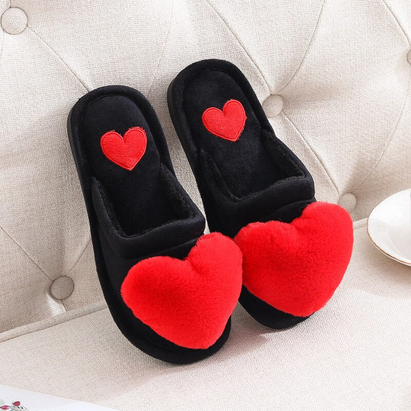 Cute Women Slippers Love Heart Cotton Slippers Winter Fur Slides Ladies Home Furry Slippers Warm Indoor House Shoes