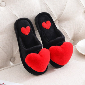 Cute Women Slippers Love Heart Cotton Slippers Winter Fur Slides Ladies Home Furry Slippers Warm Indoor House Shoes