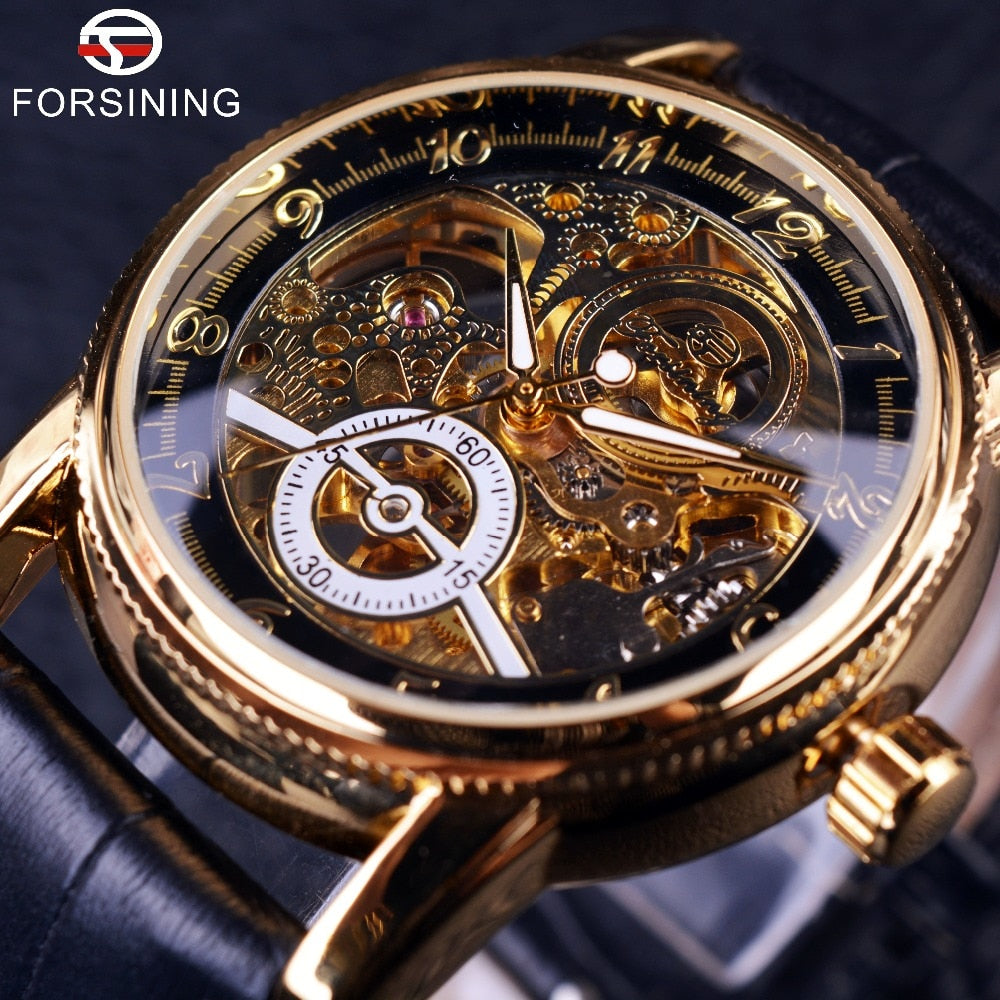 2016 Forsining Hollow Engraving Skeleton Casual Designer Black Golden Case Gear Bezel Watches Men Luxury Brand Automatic Watches