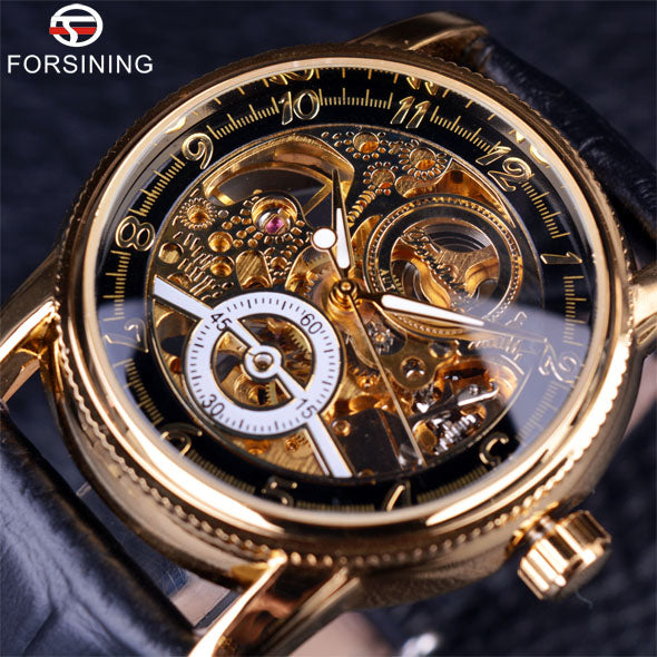 2016 Forsining Hollow Engraving Skeleton Casual Designer Black Golden Case Gear Bezel Watches Men Luxury Brand Automatic Watches