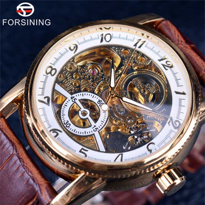 2016 Forsining Hollow Engraving Skeleton Casual Designer Black Golden Case Gear Bezel Watches Men Luxury Brand Automatic Watches