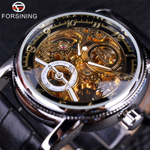 2016 Forsining Hollow Engraving Skeleton Casual Designer Black Golden Case Gear Bezel Watches Men Luxury Brand Automatic Watches