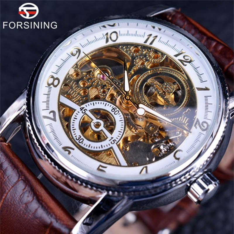 2016 Forsining Hollow Engraving Skeleton Casual Designer Black Golden Case Gear Bezel Watches Men Luxury Brand Automatic Watches