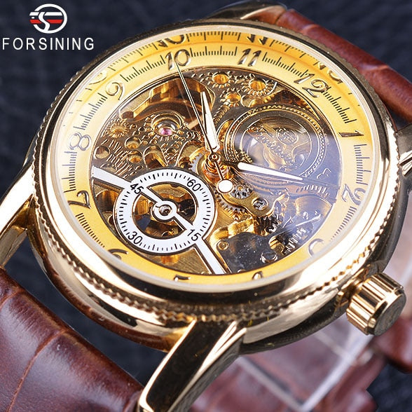 2016 Forsining Hollow Engraving Skeleton Casual Designer Black Golden Case Gear Bezel Watches Men Luxury Brand Automatic Watches