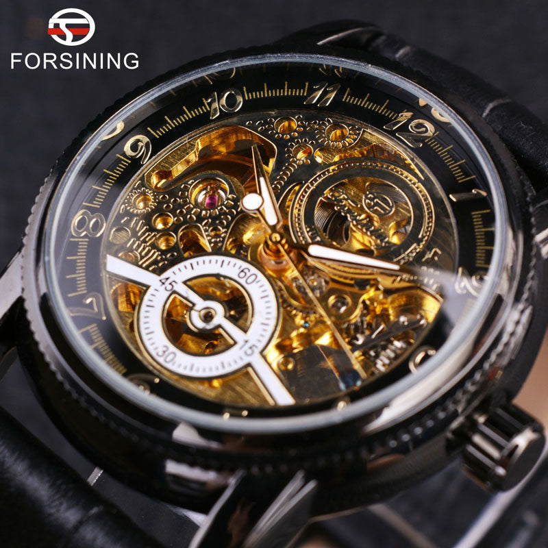 2016 Forsining Hollow Engraving Skeleton Casual Designer Black Golden Case Gear Bezel Watches Men Luxury Brand Automatic Watches