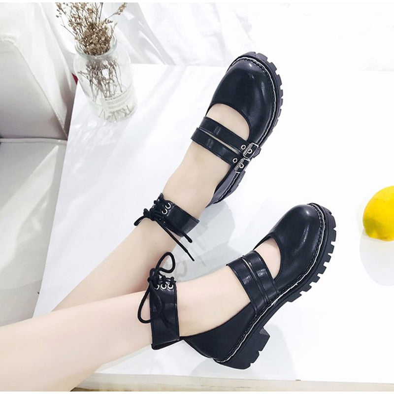 2020 Women New Spring Mary Janes Pumps Double Buckle Shallow Patent Leather Ladies Platform Mid Heels Fashion Girls Lolita Shoe