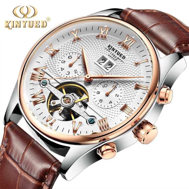 KINYUED Skeleton Tourbillon Mechanical Watch Men Automatic Classic Rose Gold Leather Mechanical Wrist Watches Reloj Hombre 2020