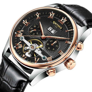 KINYUED Skeleton Tourbillon Mechanical Watch Men Automatic Classic Rose Gold Leather Mechanical Wrist Watches Reloj Hombre 2020